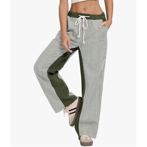 Women's Wide Leg Drawstring Pants Slouchy Color Block Ivory Green Stripe Large